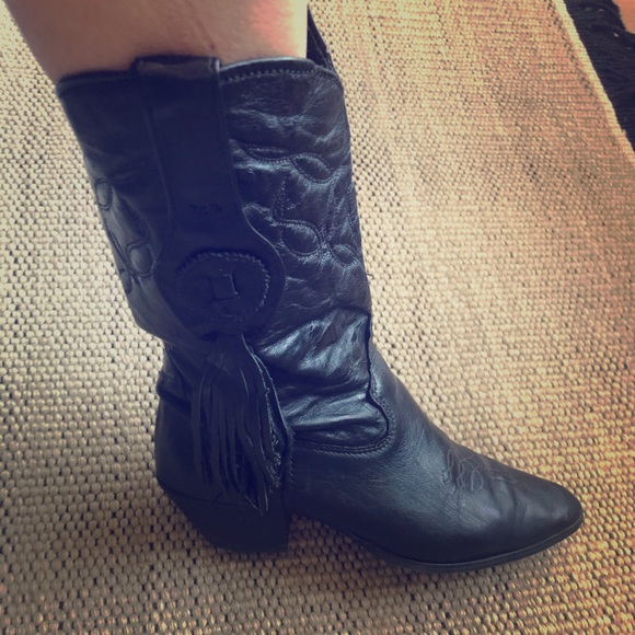 Vintage Laredo Black leather fringe cowboy boots - Picture 1 of 2